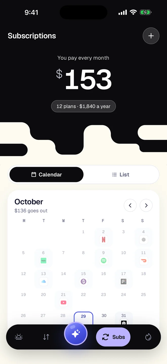 The Subscriptions calendar in the app