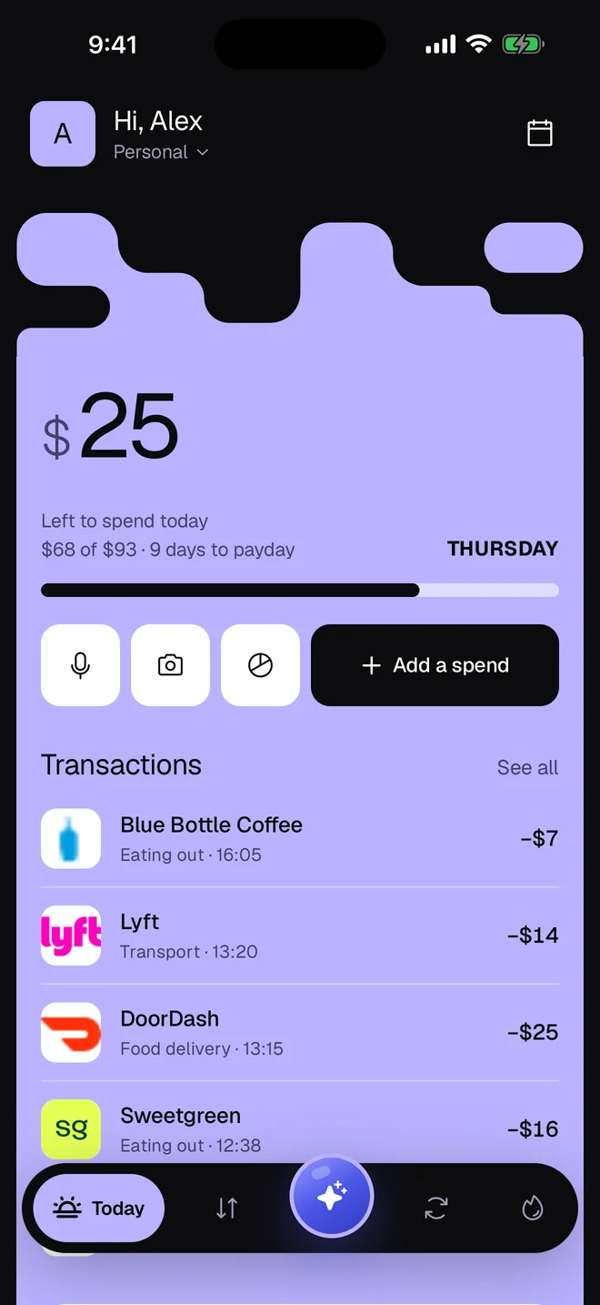 Nummo's Today screen: what you can spend today, with today's spends below